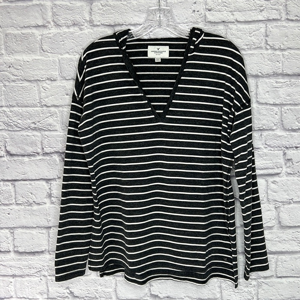 American Eagle Hoodie Pullover Womens Medium Heather Gray Striped Soft Side Slit